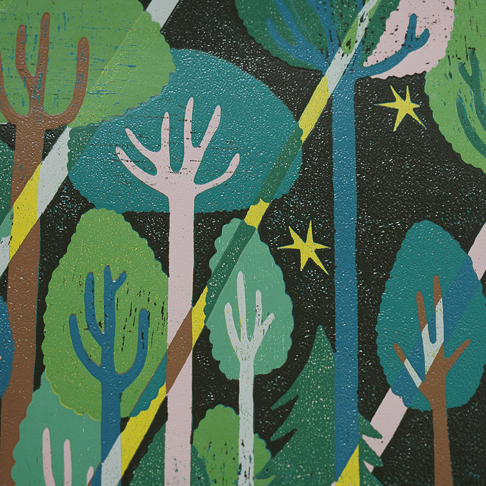 Forest Green by XINs, a vertical limited-edition artwork featuring figures and characters, in green tones.