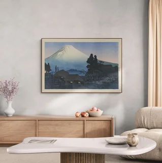 高橋松亭 Takahashi Shōtei《來自水窪的富士山》：藍色調，自然風景與日本版畫題材，橫幅藝術掛畫。