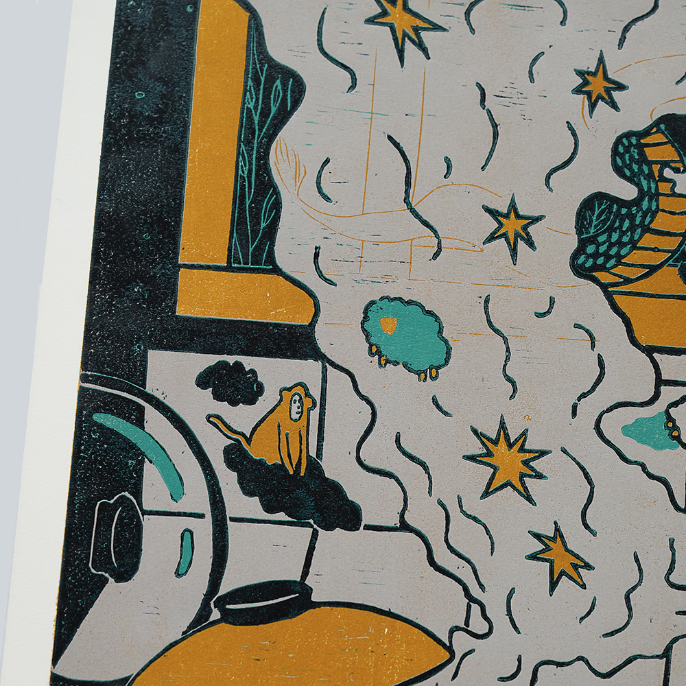 Kitchen Sink (Triptych) by XINs, a horizontal limited-edition artwork featuring figures and characters, in red / orange and multicoloured and blue / purple tones.