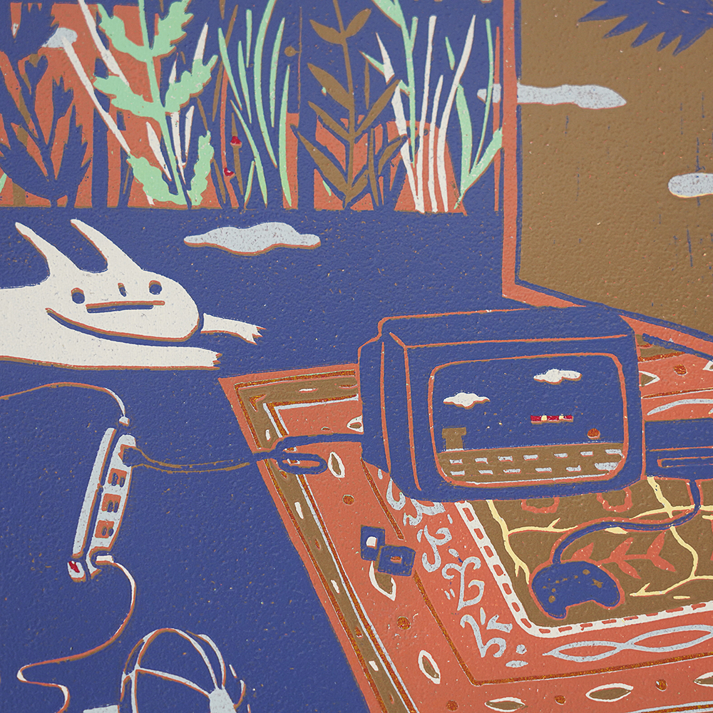 Room by XINs, a horizontal limited-edition artwork featuring figures and characters, in red / orange tones.