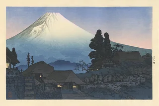 高橋松亭 Takahashi Shōtei《來自水窪的富士山》：藍色調，自然風景與日本版畫題材，橫幅藝術掛畫。