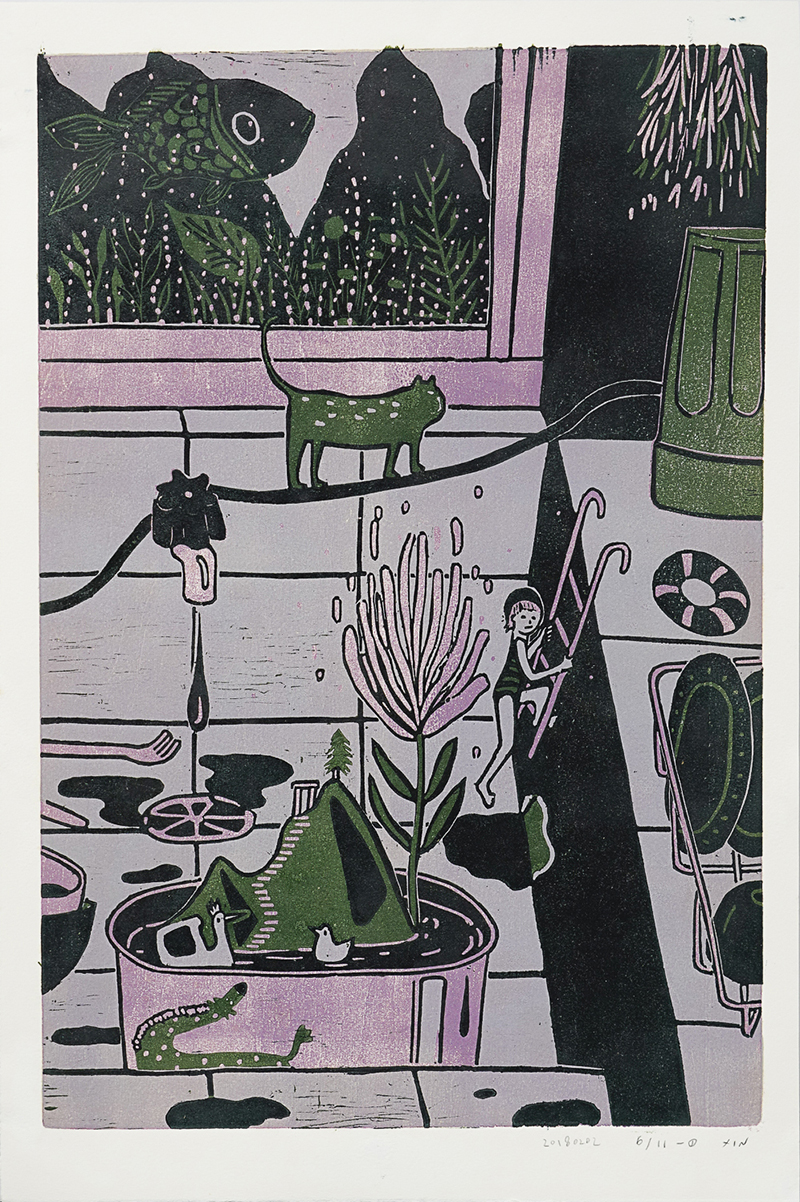Kitchen Sink (Triptych) by XINs, a horizontal limited-edition artwork featuring figures and characters, in red / orange and multicoloured and blue / purple tones.