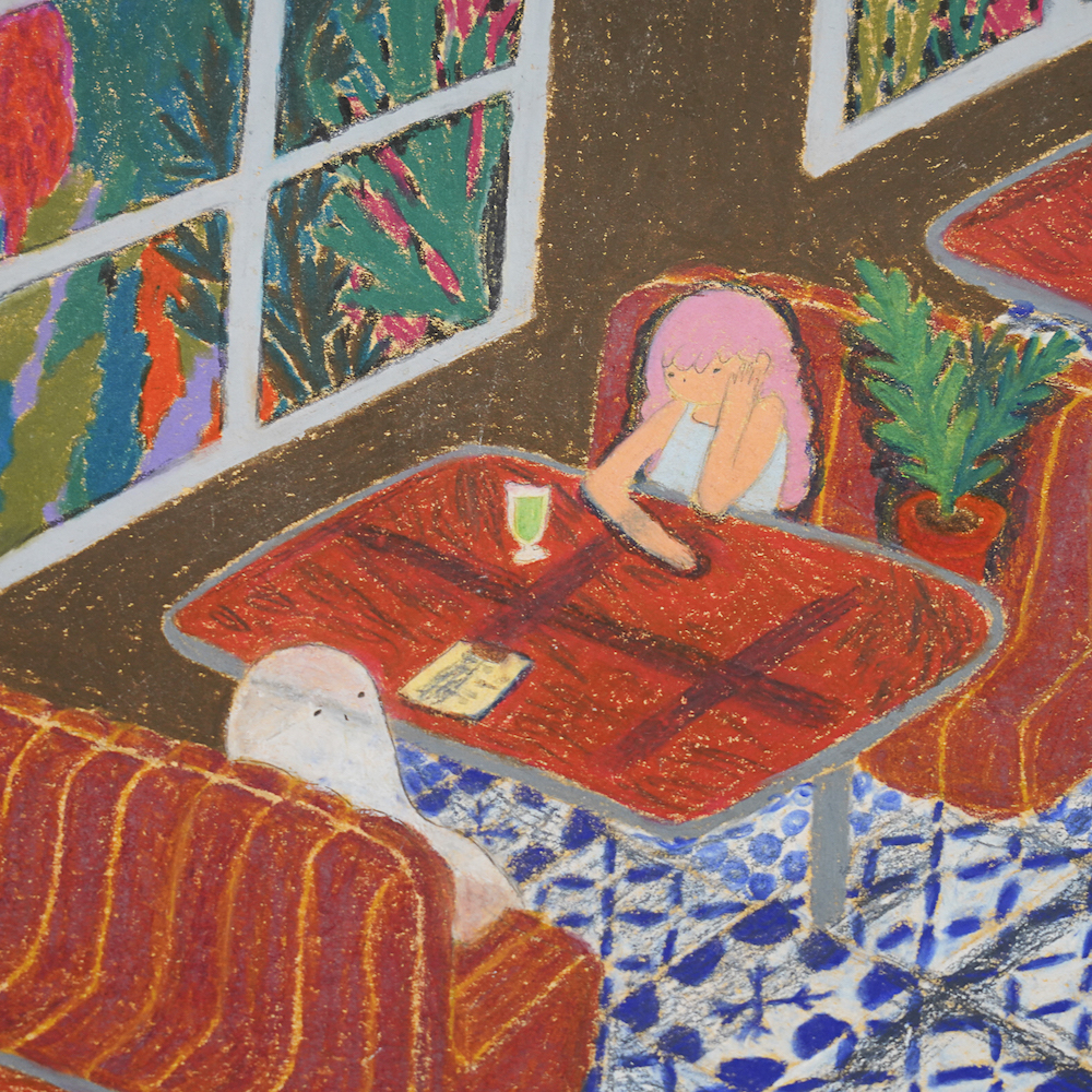 蔡詠欣 XINs《原作 · 滿月餐廳》：奶茶／棕色調，角色與自然風景題材，直幅原作。