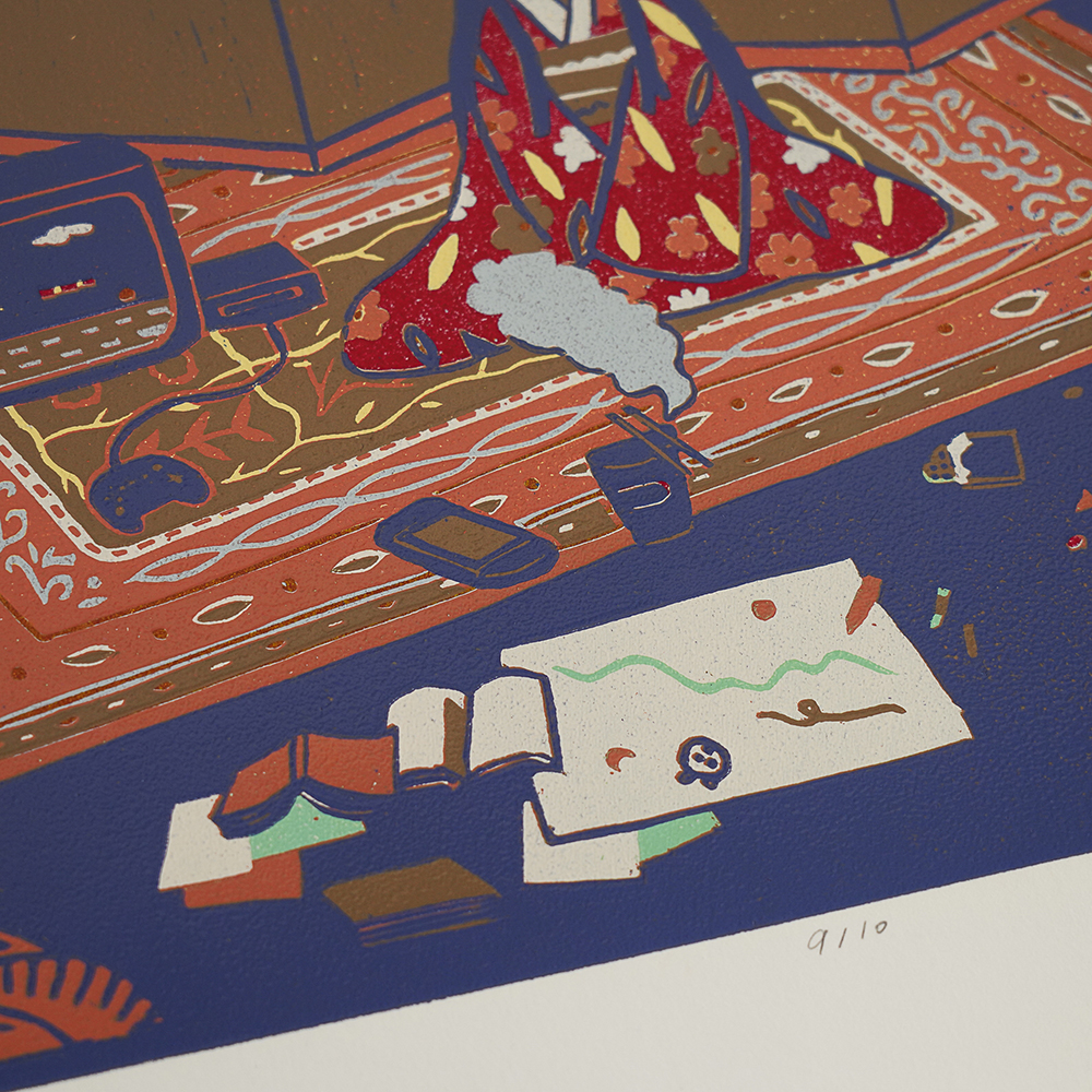 Room by XINs, a horizontal limited-edition artwork featuring figures and characters, in red / orange tones.