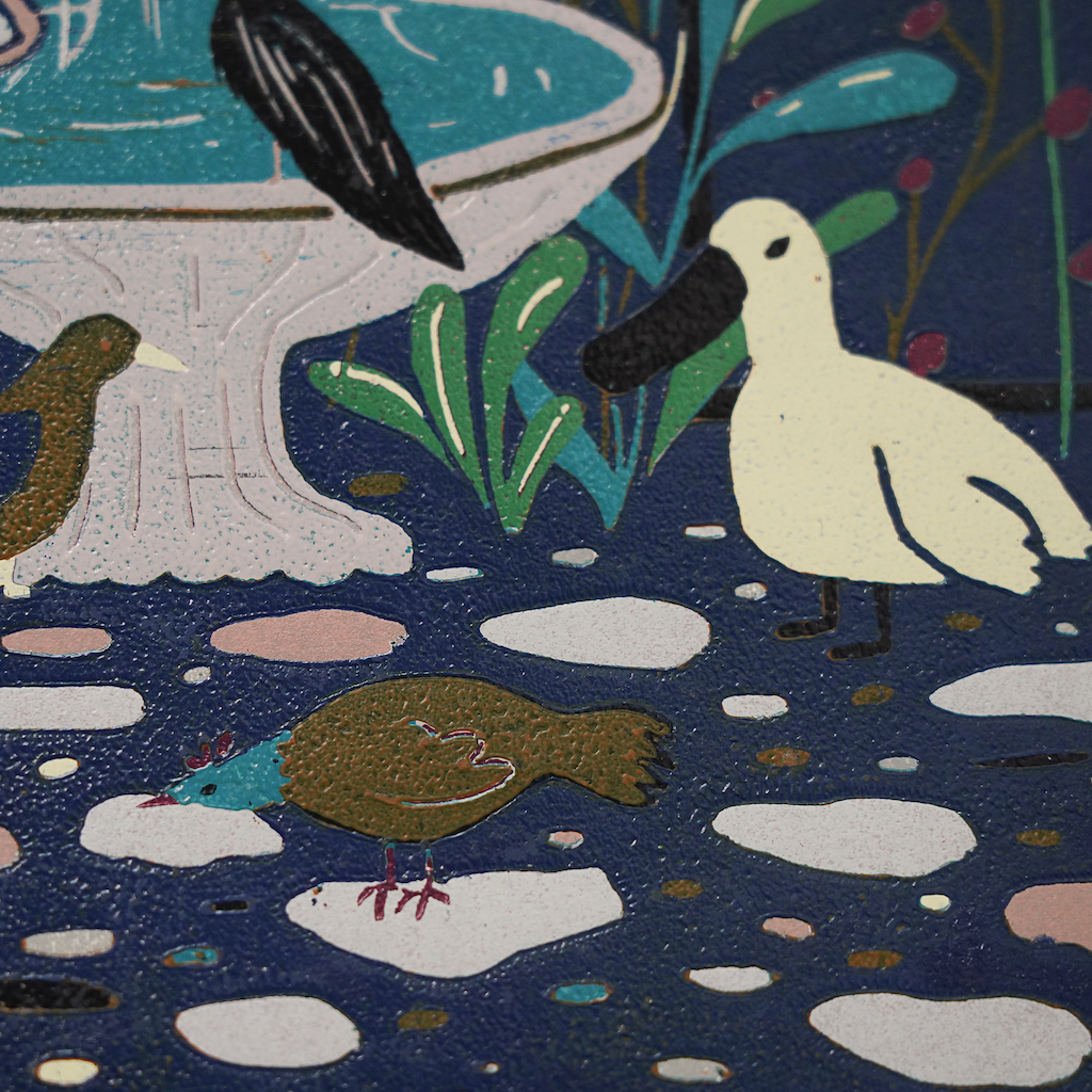 蔡詠欣 XINs《原作版畫 · 鳥園 Bird Park》：藍／紫色調，人物與角色題材，直幅限量作品。