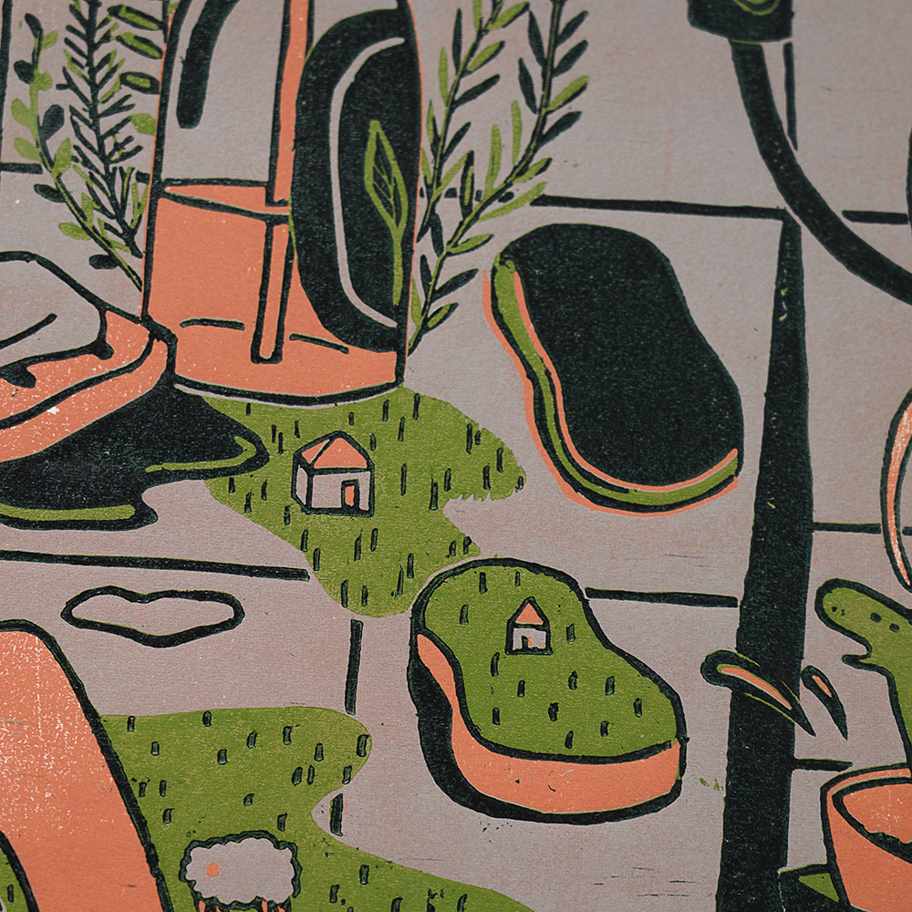 Kitchen Sink (Triptych) by XINs, a horizontal limited-edition artwork featuring figures and characters, in red / orange and multicoloured and blue / purple tones.