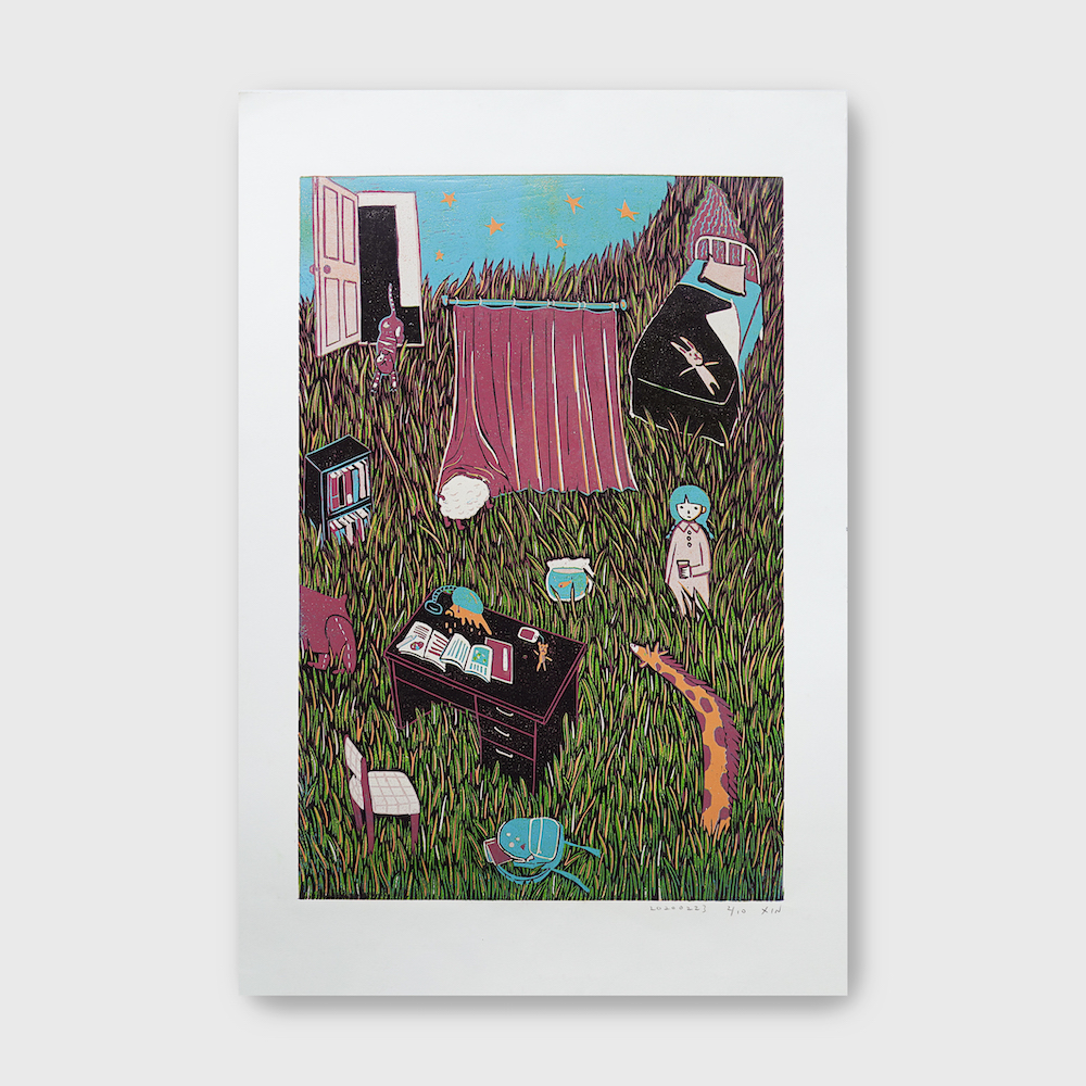 蔡詠欣 XINs《原作版畫 · 草的房間 Grass Room》：人物與角色題材，直幅限量作品。