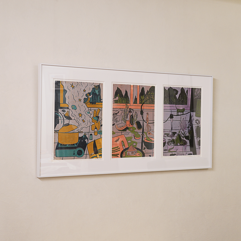 Kitchen Sink (Triptych) by XINs, a horizontal limited-edition artwork featuring figures and characters, in red / orange and multicoloured and blue / purple tones.