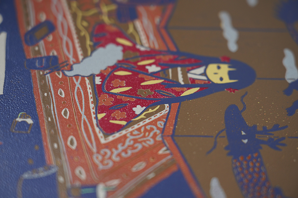 Room by XINs, a horizontal limited-edition artwork featuring figures and characters, in red / orange tones.