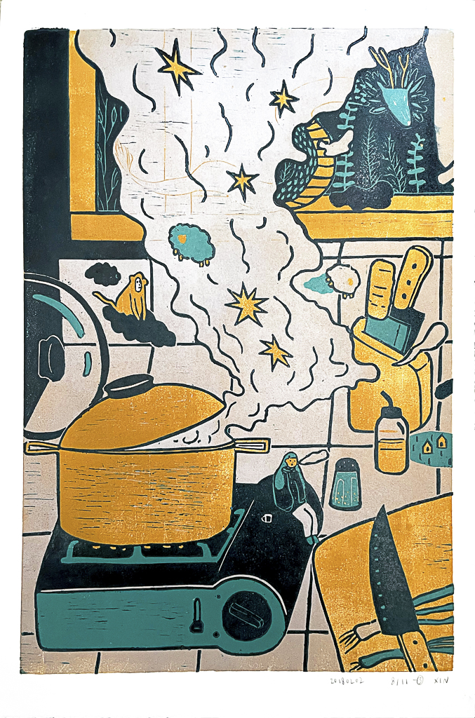Kitchen Sink (Triptych) by XINs, a horizontal limited-edition artwork featuring figures and characters, in red / orange and multicoloured and blue / purple tones.