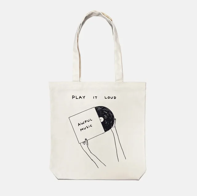 Play It Loud Tote Bag by David Shrigley, an artist-designed object featuring flowers and still life, in black and white tones. Cover image.