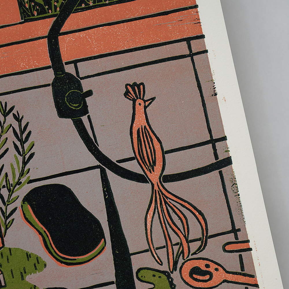 Kitchen Sink (Triptych) by XINs, a horizontal limited-edition artwork featuring figures and characters, in red / orange and multicoloured and blue / purple tones.