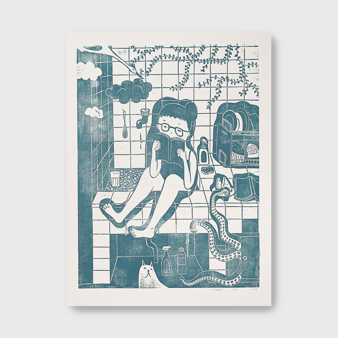 蔡詠欣 XINs《原作版畫 · 在家的日子 水槽 sink》：藍綠色調，人物與角色題材，直幅限量作品。