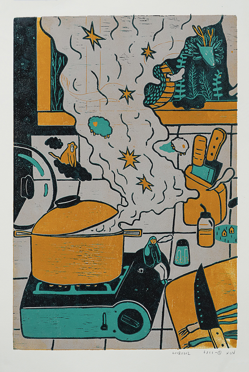 Kitchen Sink (Triptych) by XINs, a horizontal limited-edition artwork featuring figures and characters, in red / orange and multicoloured and blue / purple tones.