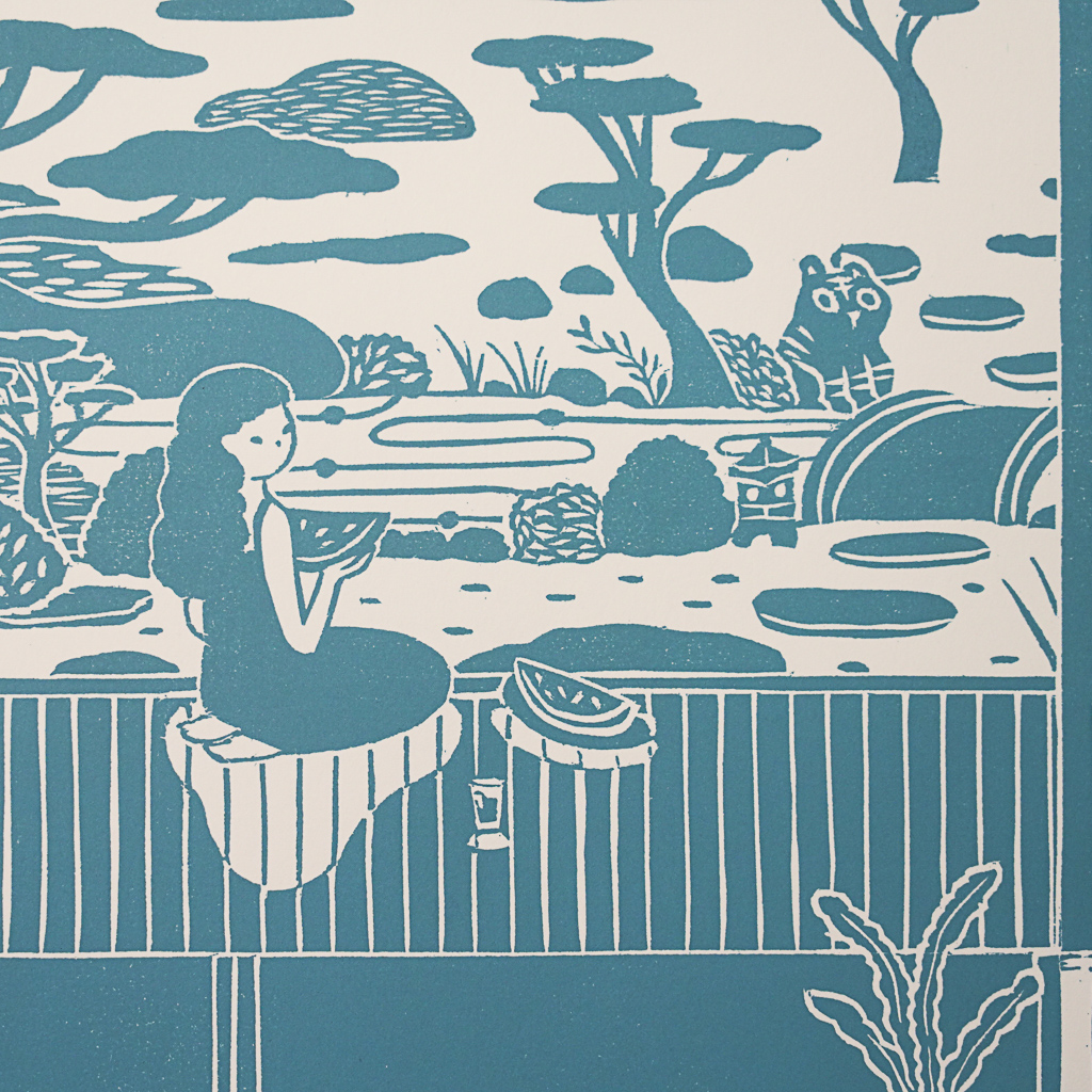 Summer Yard by XINs, a horizontal limited-edition artwork featuring figures and characters, in teal tones.