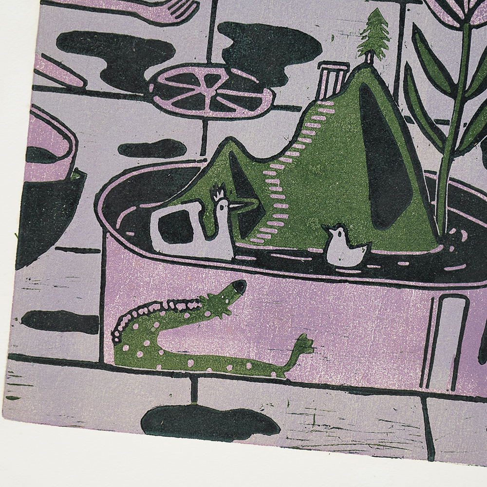 Kitchen Sink (Triptych) by XINs, a horizontal limited-edition artwork featuring figures and characters, in red / orange and multicoloured and blue / purple tones.