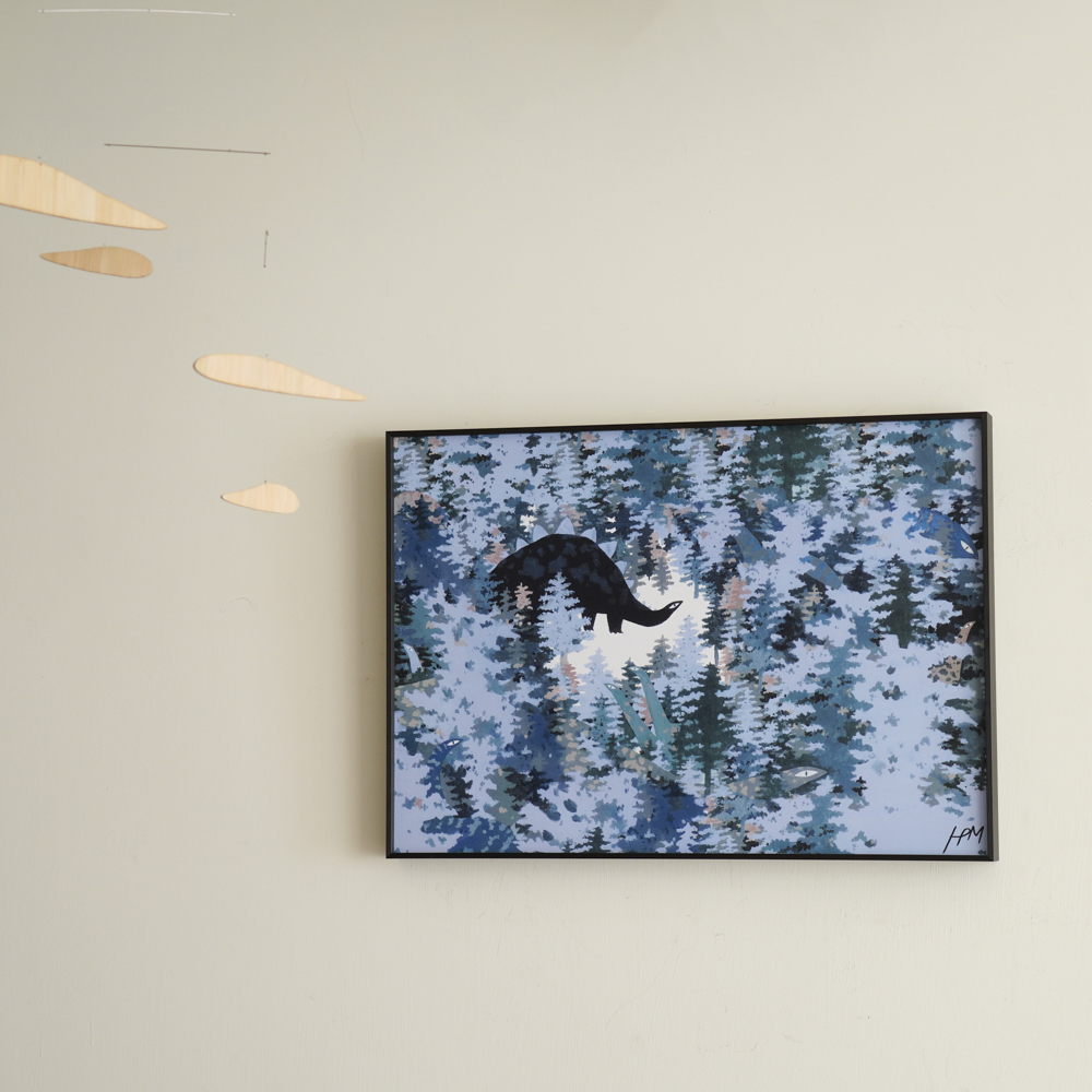 Landscape - Blue Dinosaur by HOM, an art print featuring animals and natural landscapes, in blue and cream / brown tones. Artwork image.