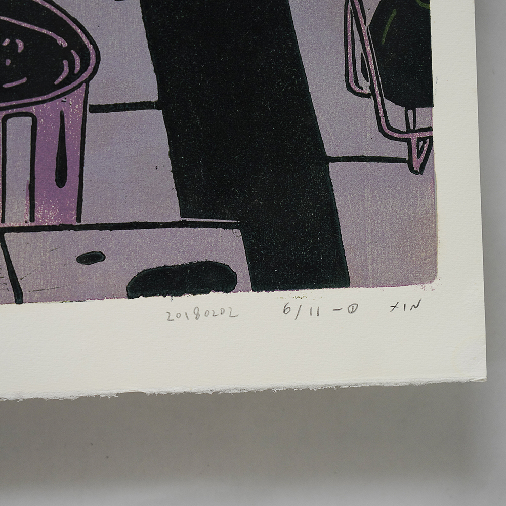 Kitchen Sink (Triptych) by XINs, a horizontal limited-edition artwork featuring figures and characters, in red / orange and multicoloured and blue / purple tones.