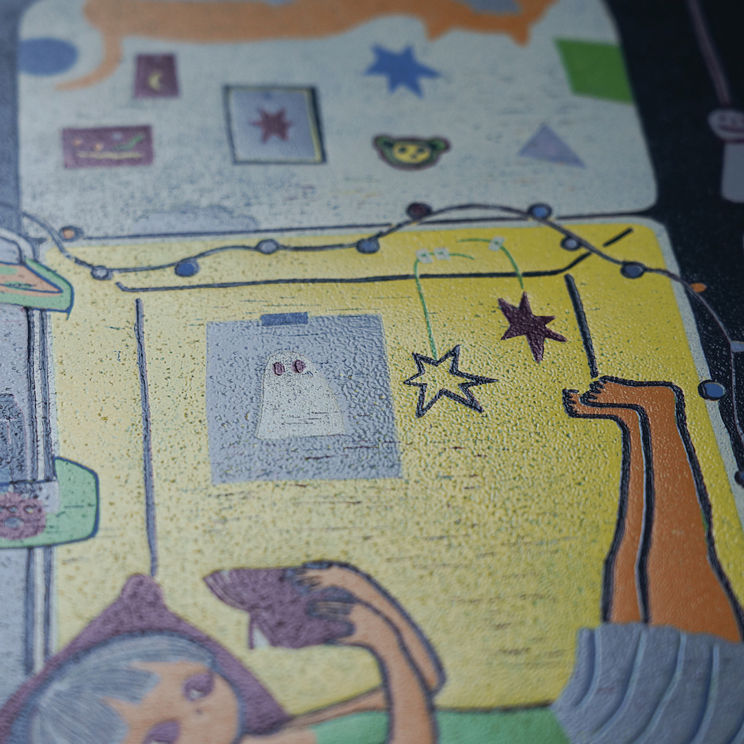 Air Conditioning On by XINs, a vertical limited-edition artwork featuring figures and characters, in multicoloured and yellow / green tones.