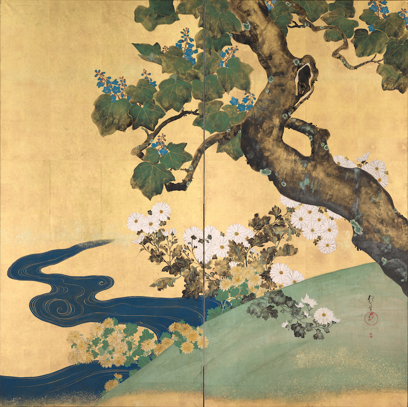 琳派《酒井抱一 - 桐菊流水図屏風》：紅／橘與奶茶／棕色調，自然風景與日本版畫題材，方形藝術掛畫。 作品原圖。