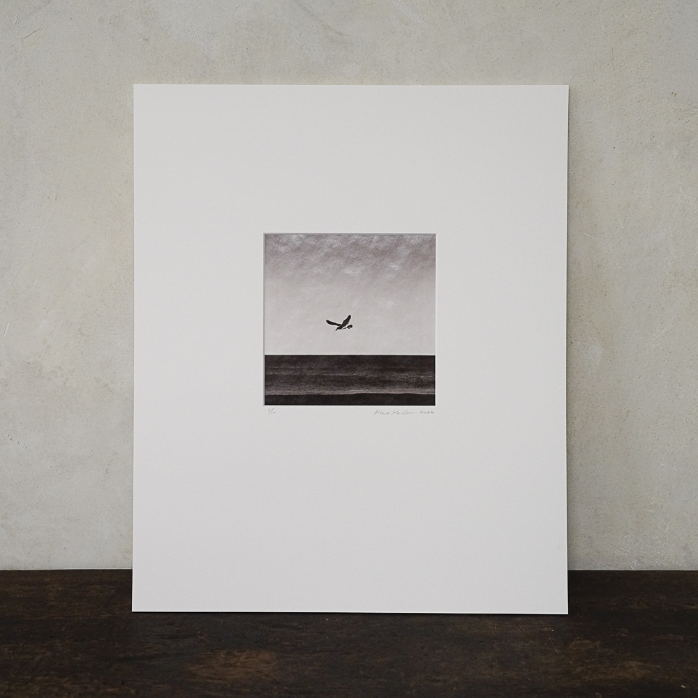 Flight #8 by Kino Koike, a vertical limited-edition artwork featuring natural landscapes and photographic and realistic imagery, in black and white and grey tones.
