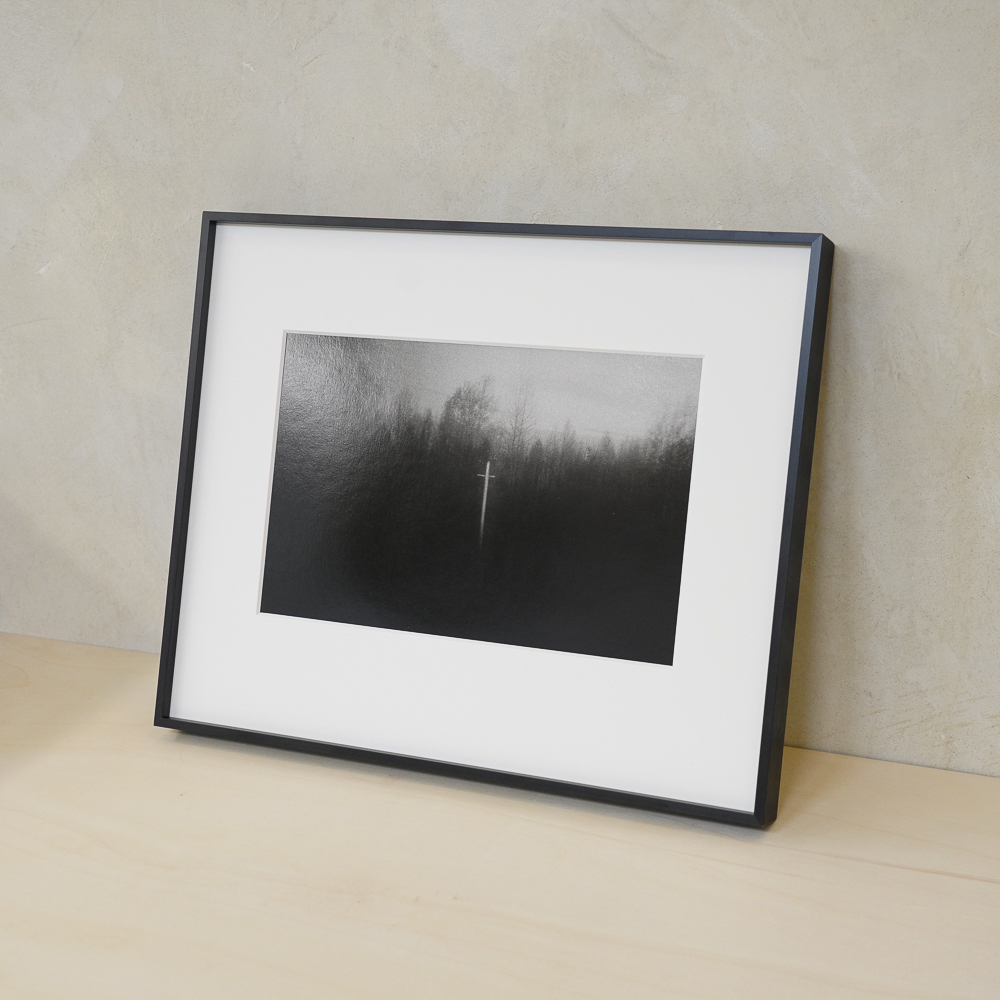 Cross in the Forest #8 by Kino Koike, a horizontal limited-edition artwork featuring natural landscapes and photographic and realistic imagery, in black and white tones.