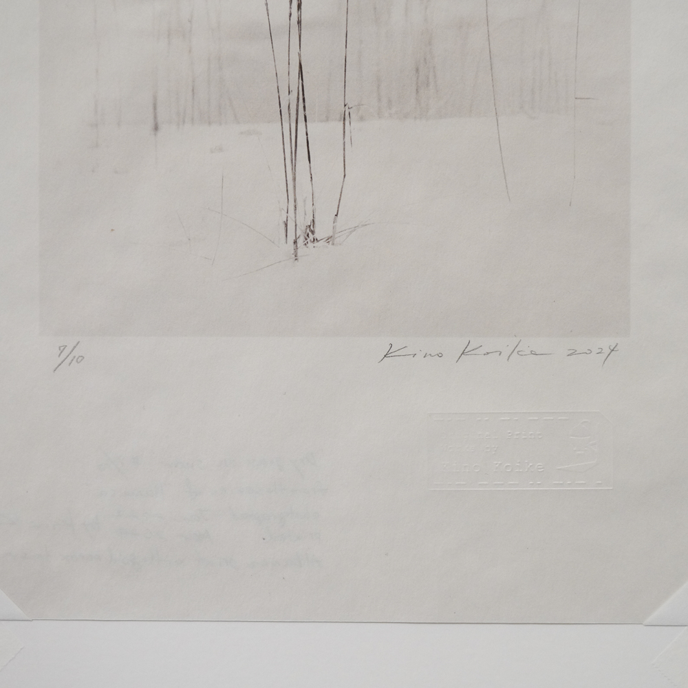 Dead grass on the snow #9 by Kino Koike, a vertical limited-edition artwork featuring natural landscapes and photographic and realistic imagery, in black and white tones.