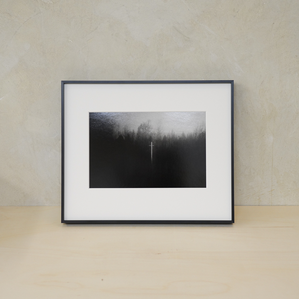 Cross in the Forest #8 by Kino Koike, a horizontal limited-edition artwork featuring natural landscapes and photographic and realistic imagery, in black and white tones.