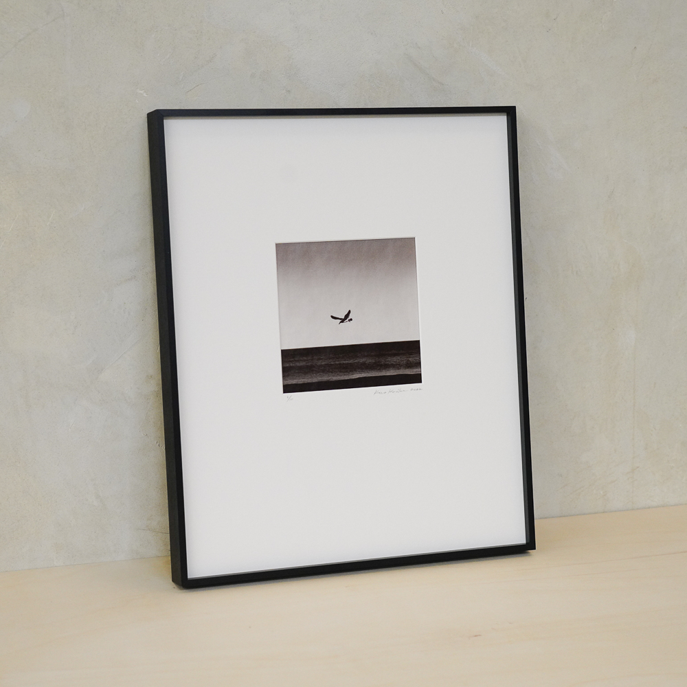 Flight #8 by Kino Koike, a vertical limited-edition artwork featuring natural landscapes and photographic and realistic imagery, in black and white and grey tones.