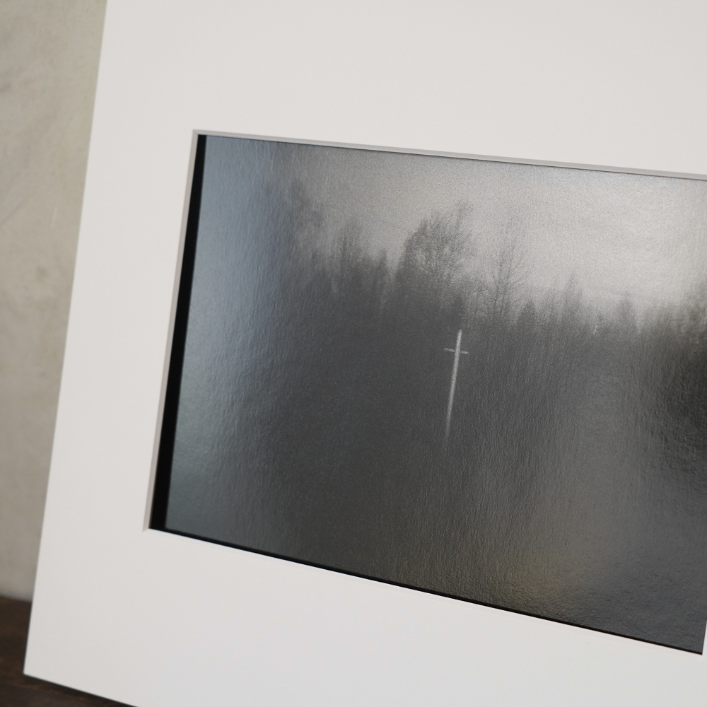Cross in the Forest #8 by Kino Koike, a horizontal limited-edition artwork featuring natural landscapes and photographic and realistic imagery, in black and white tones.