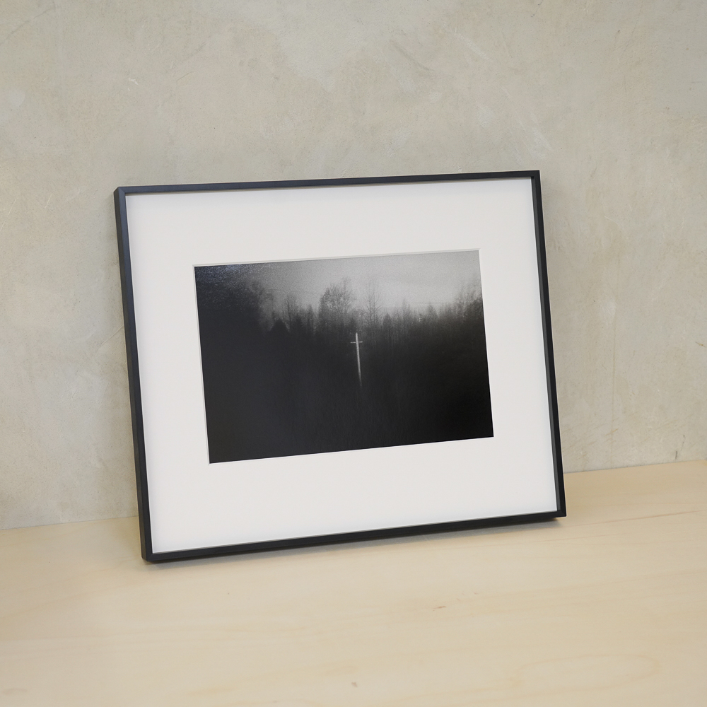 Cross in the Forest #8 by Kino Koike, a horizontal limited-edition artwork featuring natural landscapes and photographic and realistic imagery, in black and white tones.