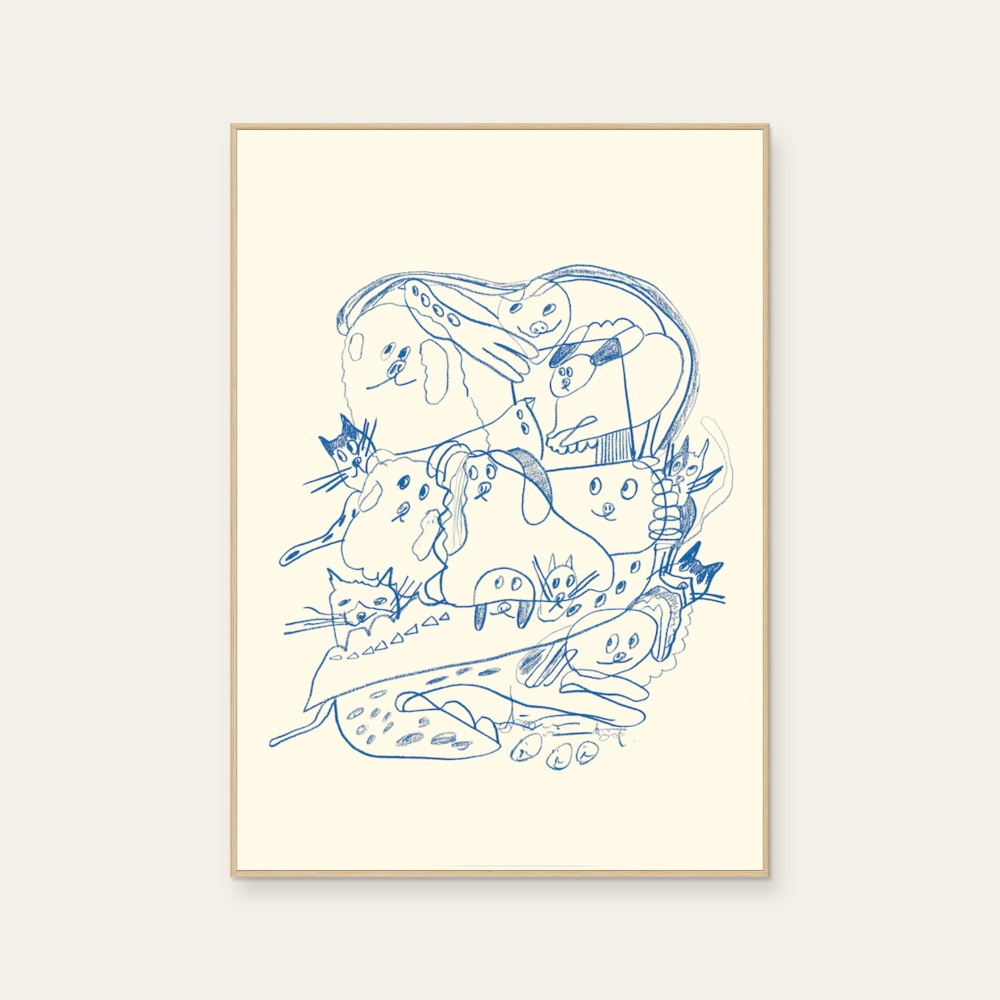 Lingoooo 015 Dogs and cats huddle together (Blue) by Febbi, a vertical art print featuring animals and graffiti and pop art, in blue and cream / brown tones. Product image 3.