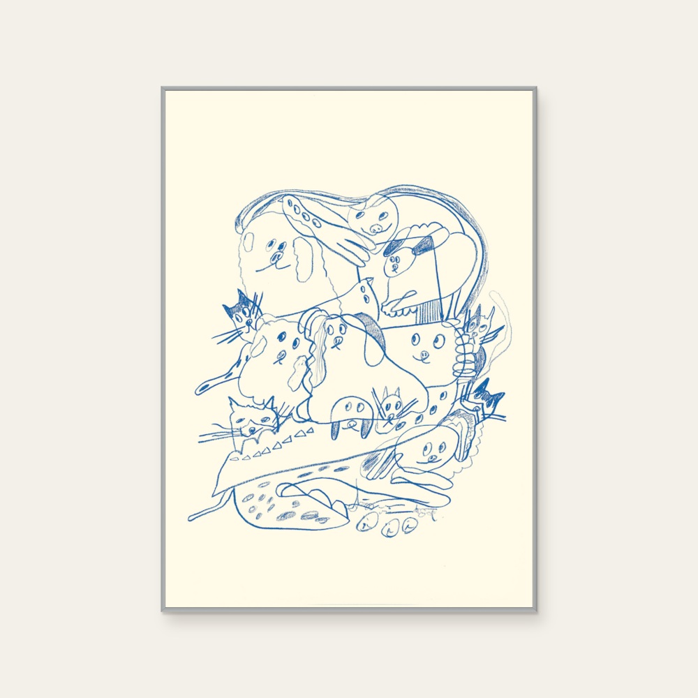 Lingoooo 015 Dogs and cats huddle together (Blue) by Febbi, a vertical art print featuring animals and graffiti and pop art, in blue and cream / brown tones. Cover image.