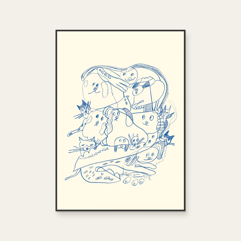 Lingoooo 015 Dogs and cats huddle together (Blue) by Febbi, a vertical art print featuring animals and graffiti and pop art, in blue and cream / brown tones. Product image 2.