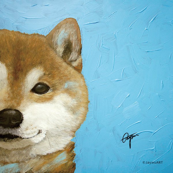 Companion · Shiba Inu (L) by JayWu, a square art print featuring animals, in blue / purple tones. Artwork image.