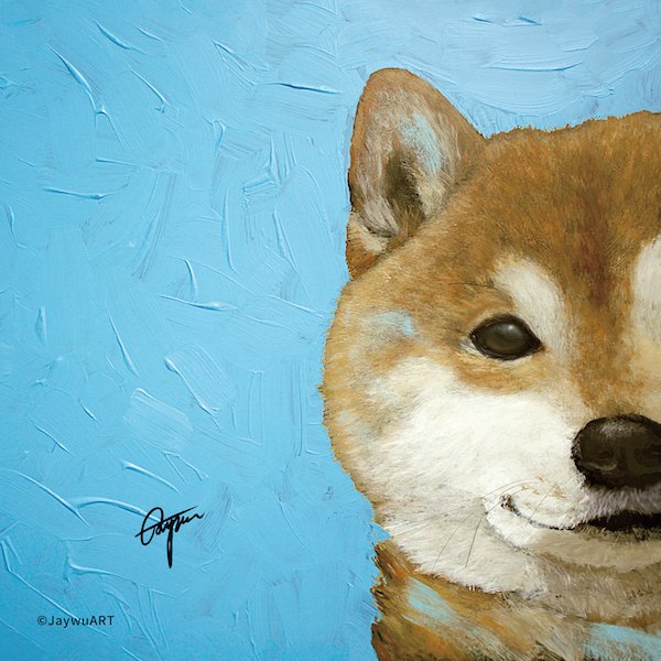 Companion · Shiba Inu (R) by JayWu, a square art print featuring animals, in blue / purple tones. Artwork image.