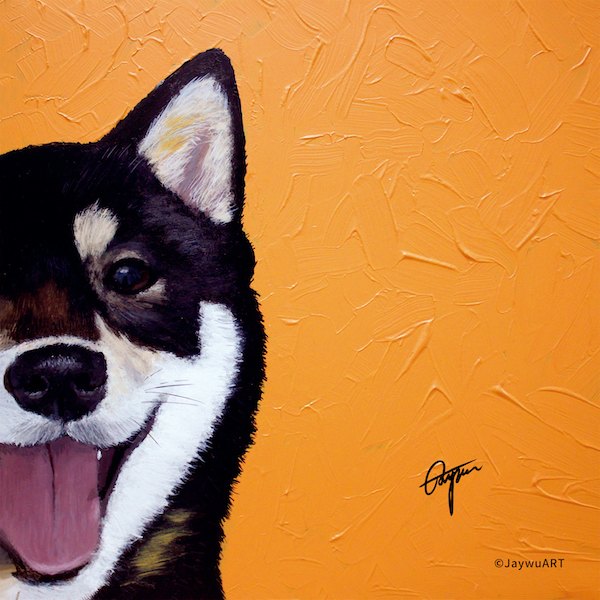 Companion · Black Shiba Dog (L) by JayWu, a square art print featuring animals, in black and white and red / orange tones. Artwork image.