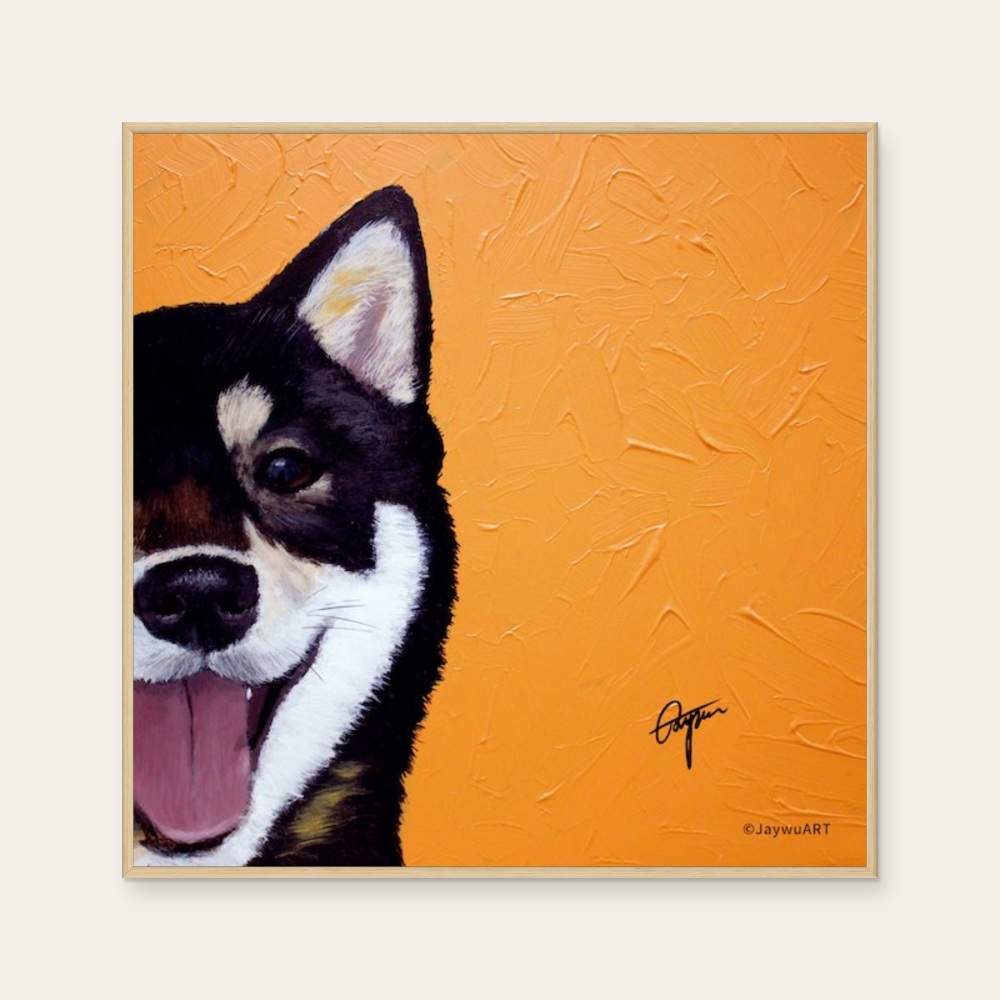 JayWu《一伴 · 黑色柴犬 (L)》:黑白與紅/橘色調,動物題材,方形藝術掛畫。 封面圖片。