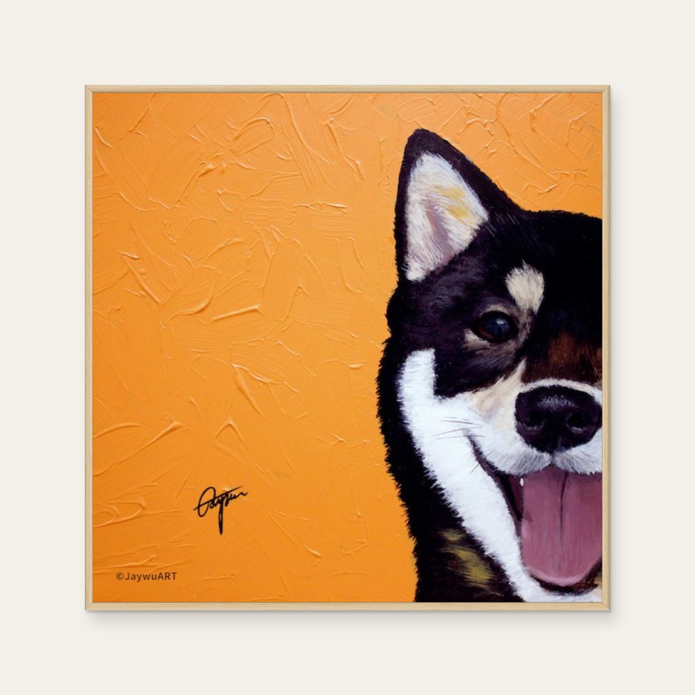 JayWu《一伴 · 黑色柴犬 (R)》:黑白與紅/橘色調,動物題材,方形藝術掛畫。 封面圖片。