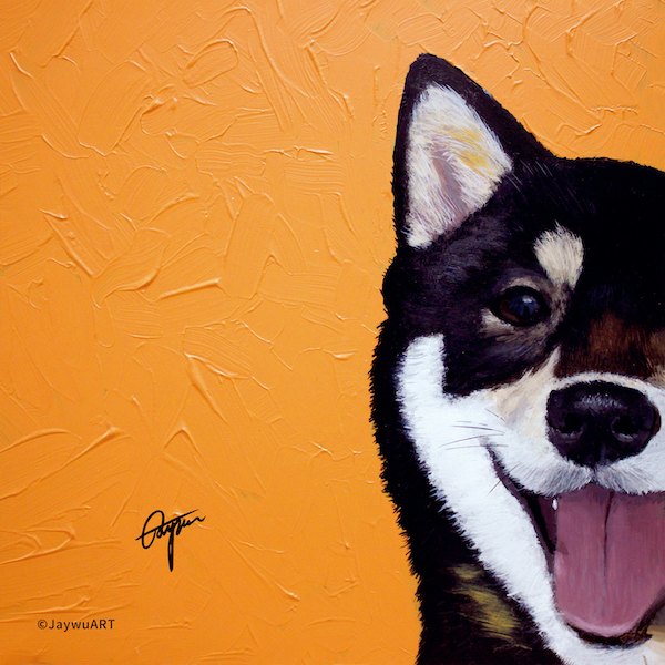 JayWu《一伴 · 黑色柴犬 (R）》：黑白與紅／橘色調，動物題材，方形藝術掛畫。 作品原圖。