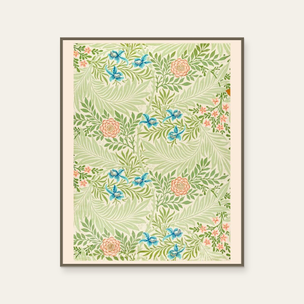 威廉·莫里斯 William Morris《花卉圖騰-花草集》：奶茶／棕色調，花卉植物與靜物題材，直幅藝術掛畫。