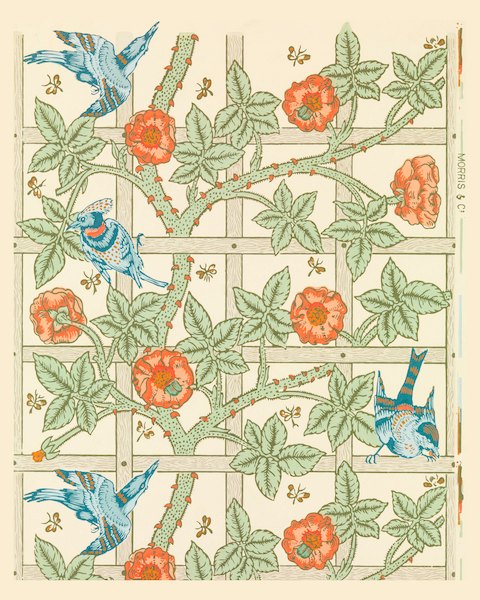 Flower Totem · Flowers and Birds by William Morris, a vertical art print featuring flowers and still life, in cream / brown tones. Artwork image.