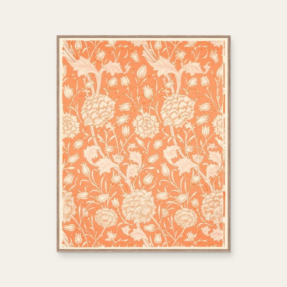 威廉·莫里斯 William Morris《花卉圖騰-野生鬱金香》:紅/橘與奶茶/棕色調,花卉植物與靜物題材,直幅藝術掛畫。 封面圖片。