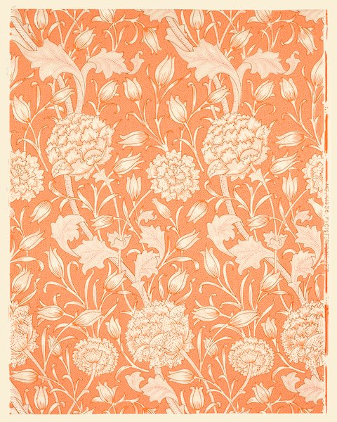 威廉·莫里斯 William Morris《花卉圖騰-野生鬱金香》：紅／橘與奶茶／棕色調，花卉植物與靜物題材，直幅藝術掛畫。 作品原圖。