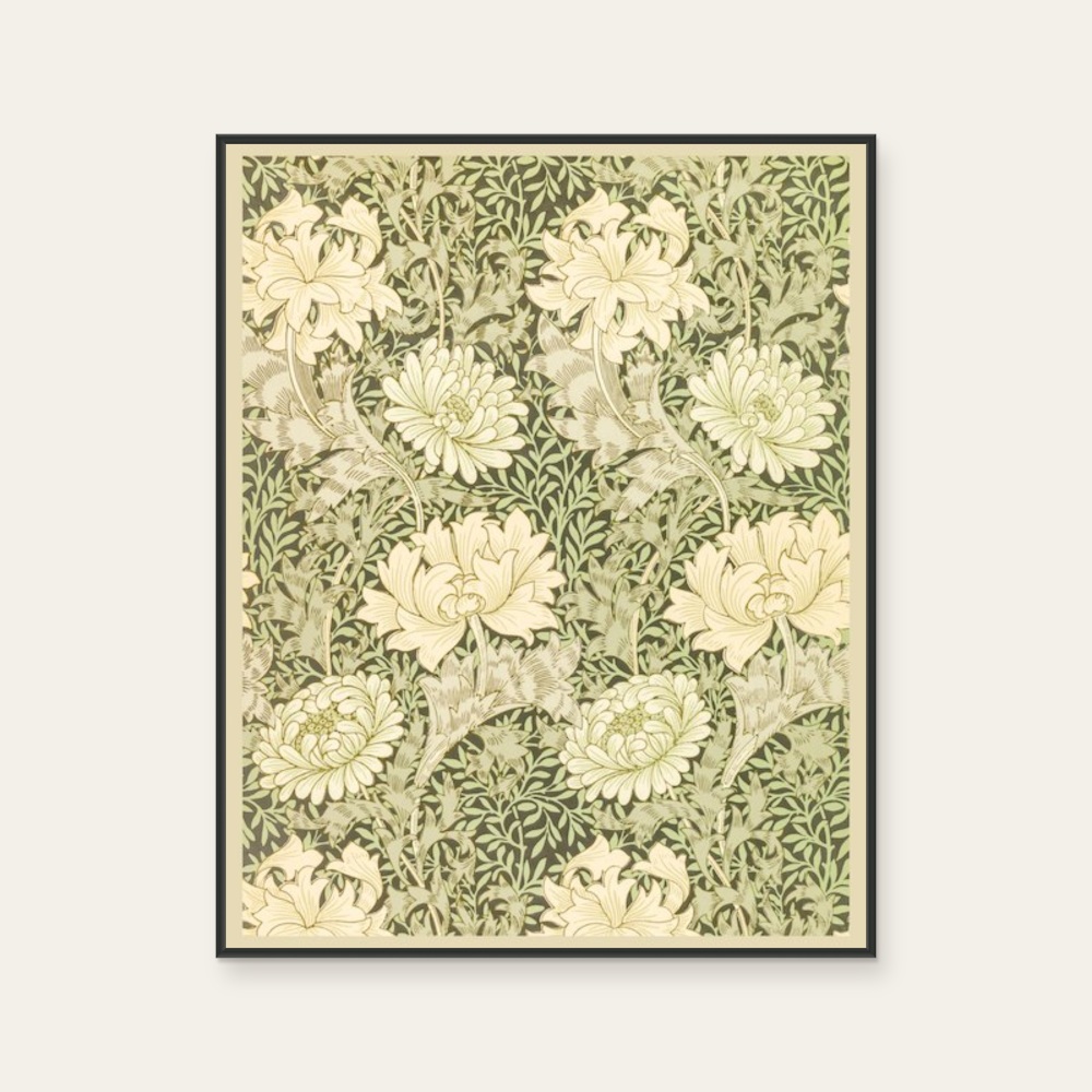 威廉·莫里斯 William Morris《花卉圖騰-菊花》：黃與奶茶／棕色調，花卉植物與靜物題材，直幅藝術掛畫。