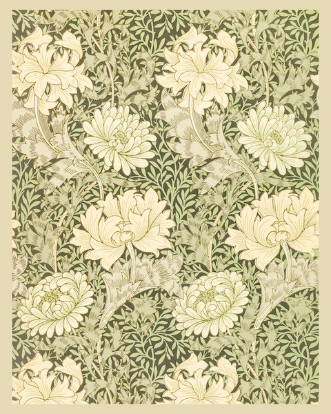 威廉·莫里斯 William Morris《花卉圖騰-菊花》：黃與奶茶／棕色調，花卉植物與靜物題材，直幅藝術掛畫。 作品原圖。