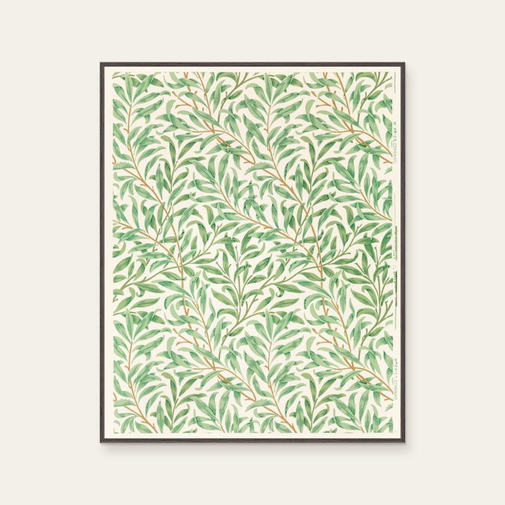 威廉·莫里斯 William Morris《花卉圖騰-綠色慢舞》：綠與奶茶／棕色調，花卉植物與靜物題材，直幅藝術掛畫。