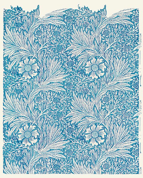 威廉·莫里斯 William Morris《花卉圖騰-藍色萬壽菊》：藍綠色調，花卉植物與靜物題材，直幅藝術掛畫。 作品原圖。