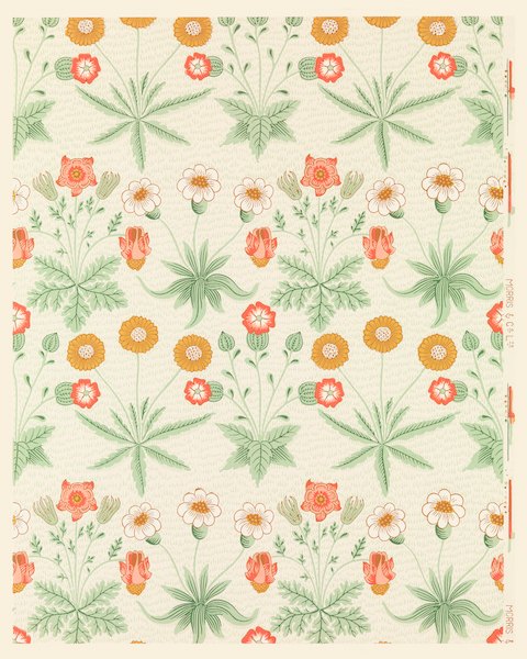 威廉·莫里斯 William Morris《花卉圖騰-雛菊》：綠與奶茶／棕色調，花卉植物與靜物題材，直幅藝術掛畫。 作品原圖。