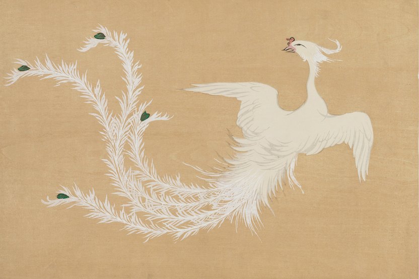 琳派《神坂雪佳 - 白鳳凰》：灰與奶茶／棕色調，自然風景與日本版畫題材，橫幅藝術掛畫。 作品原圖。